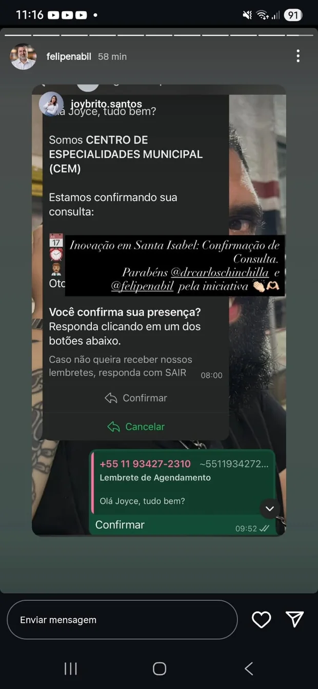 Print real de repost no Instagram sobre implantação de confirmação de consulta em Santa Isabel.