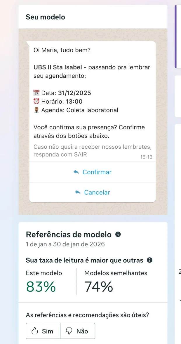 Print real do Meta Business Manager exibindo taxa de leitura do lembrete via WhatsApp.